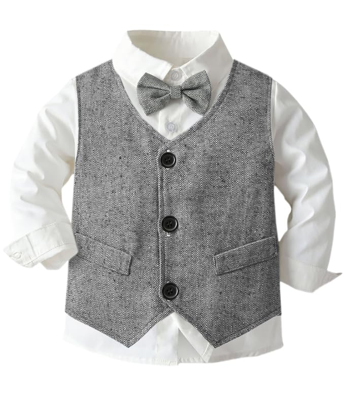 SANGTREE Boy's Clothes Set, Dress Shirt with Bow Tie + Formal Vest + Newsboy Hat + Suspender Pants 4 Pieces Gentleman Suit Hat Kid - Grey, 3-9 Months = Tag 60 - Image 2