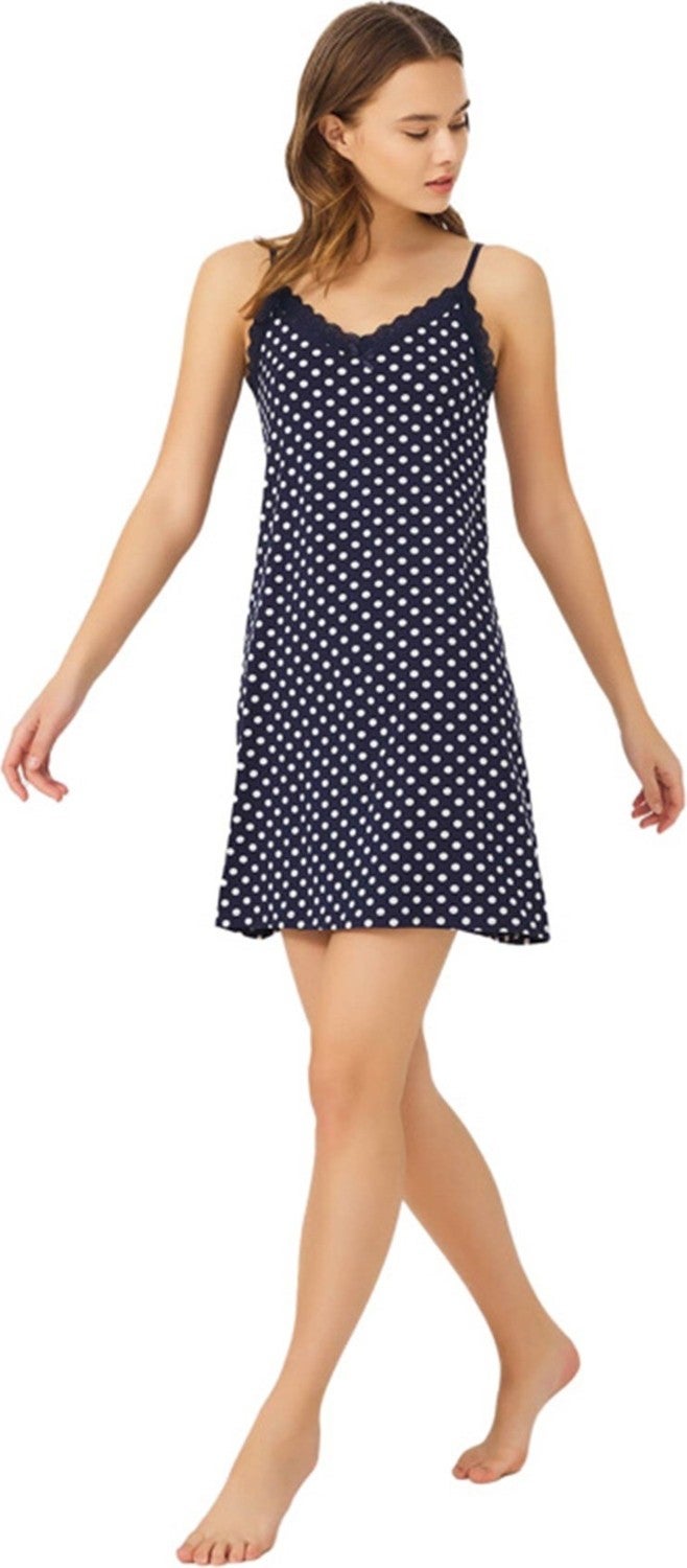 COTTONHILL Navy Blue White Polka Dot Thin Strap Cotton Women's Nightgown  - Image 1