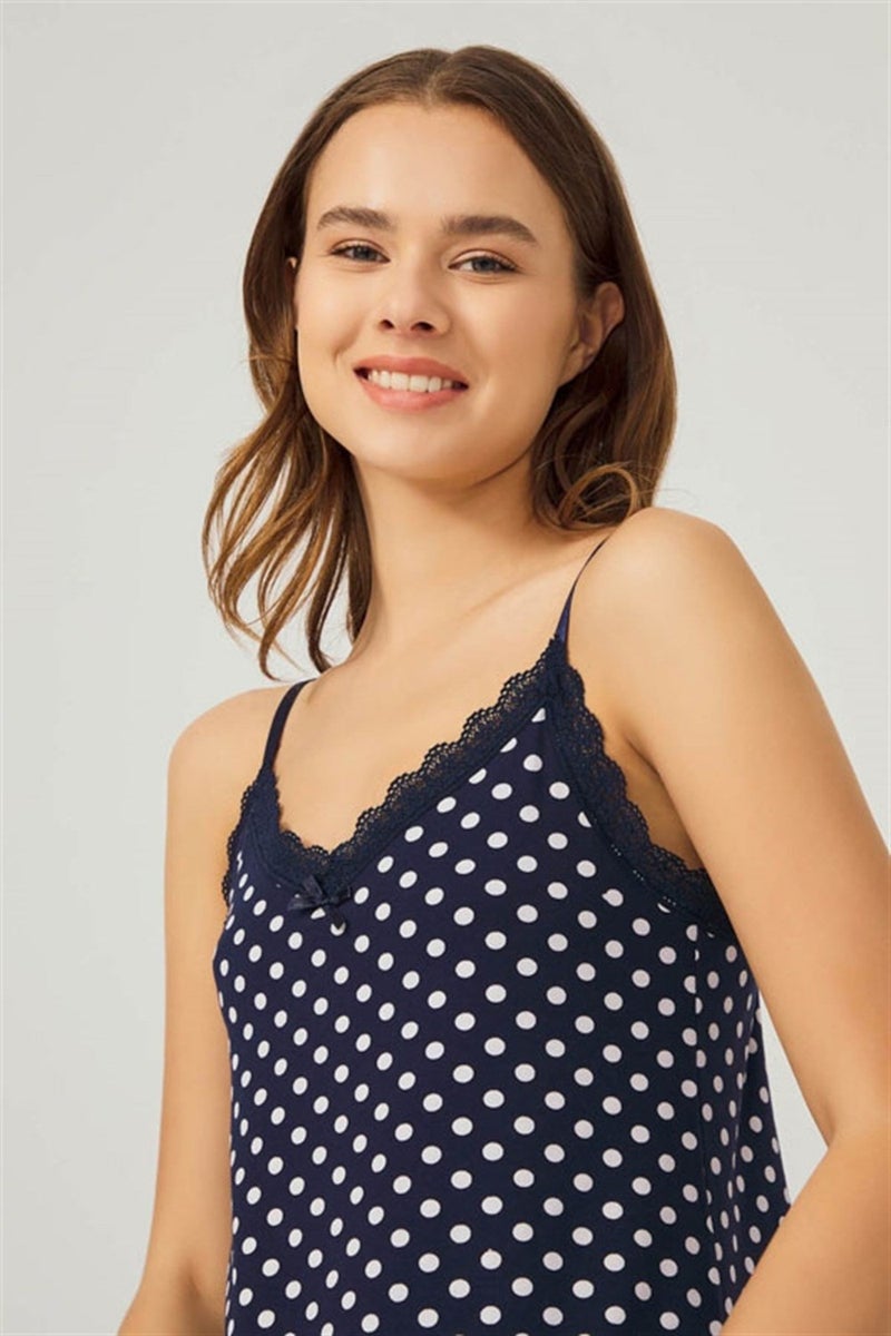 COTTONHILL Navy Blue White Polka Dot Thin Strap Cotton Women's Nightgown  - Image 3