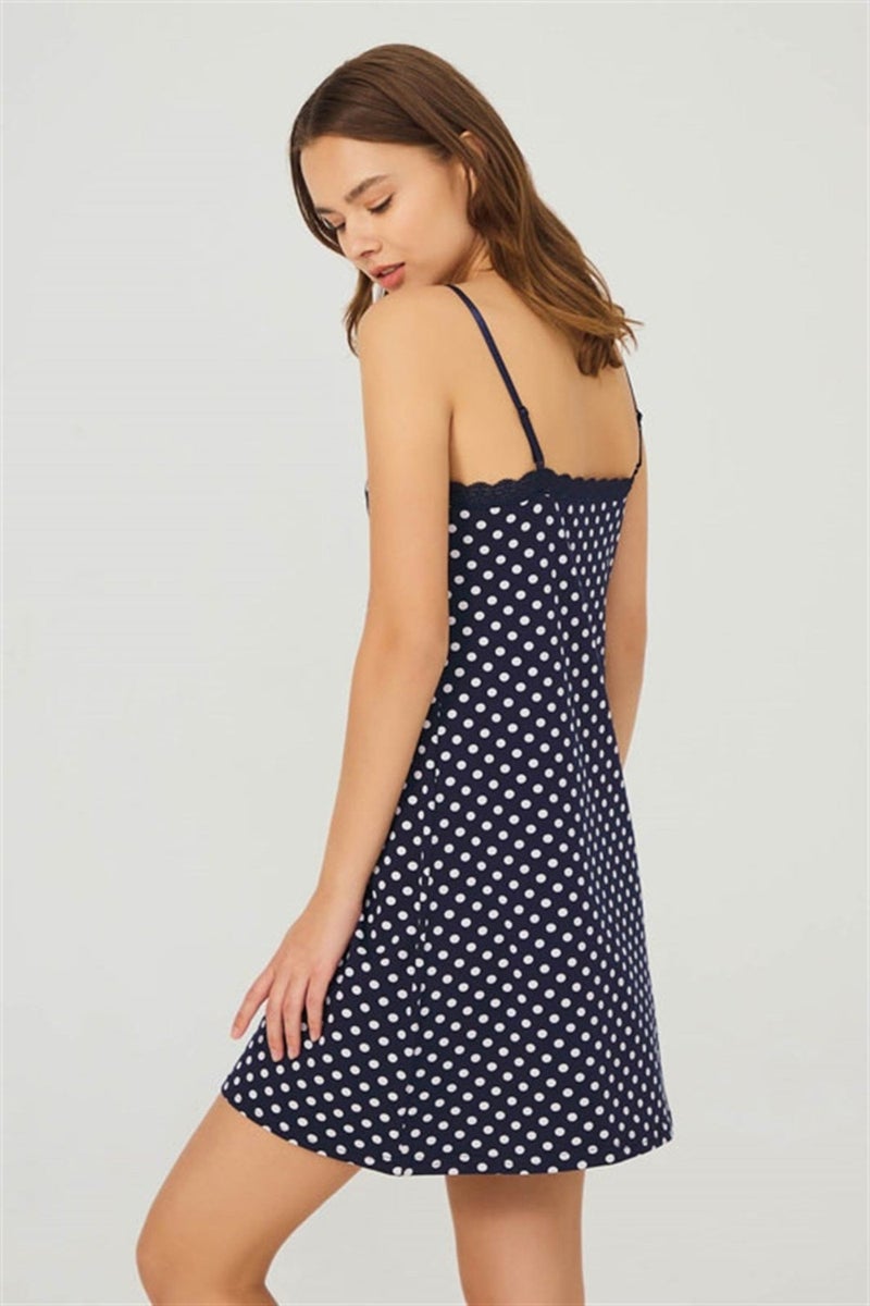 COTTONHILL Navy Blue White Polka Dot Thin Strap Cotton Women's Nightgown  - Image 2