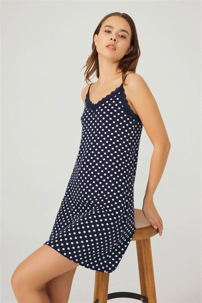COTTONHILL Navy Blue White Polka Dot Thin Strap Cotton Women's Nightgown  - Image 4