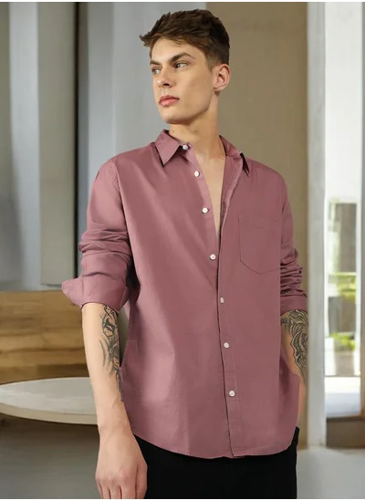 دينيس لينغو Slim Fit Pink Men's Casual Shirt, Spread Collar, Full Sleeves, 100% Cotton,
