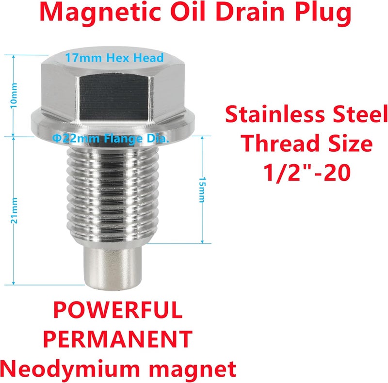 Dsnaduo 1PC 1/2" x20 Stainless Steel Magnetic Engine Oil Drain Plug for Buick, Chevrolet, Chrysler, Ford, Dodge, GMC & Harley-Davidson - Image 2