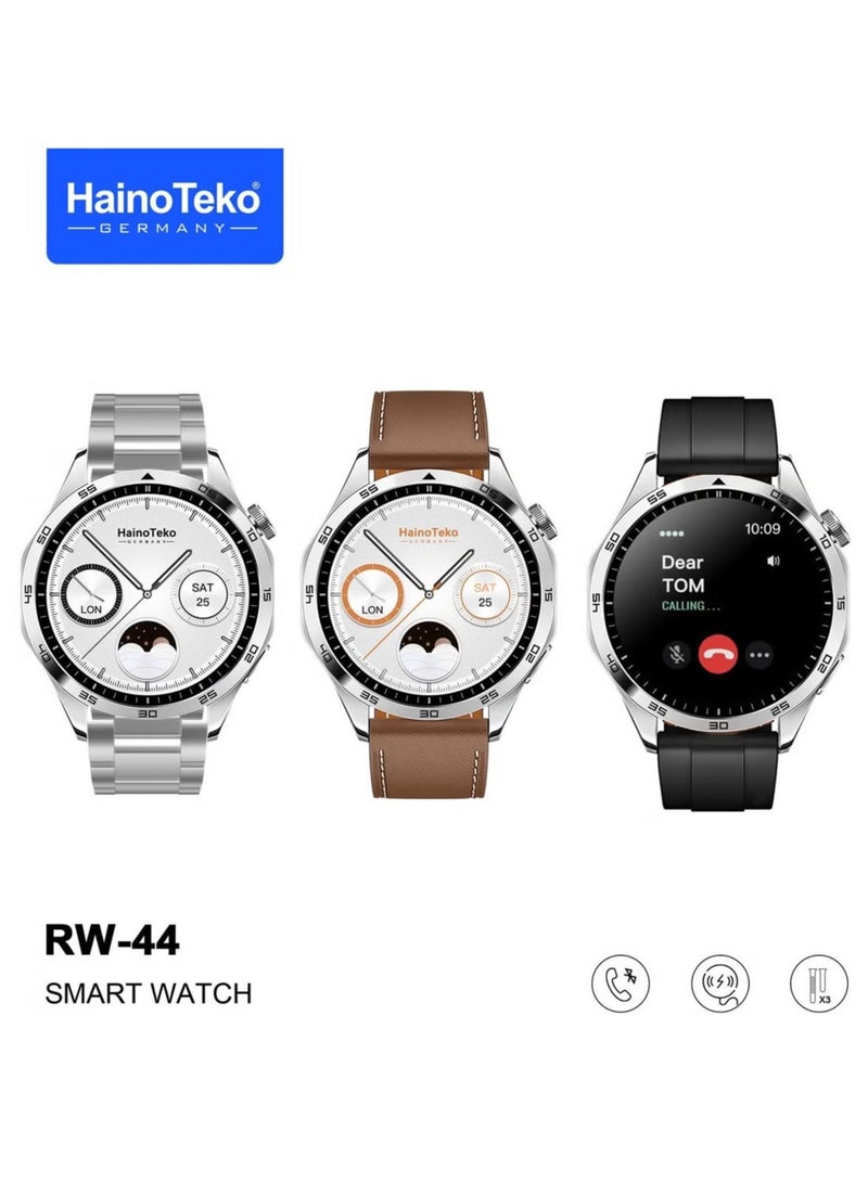 Haino Teko RW44 Round Screen AMOLED Display Smart Watch for Gents & Boys – 3 Pair Straps, Wireless Charger, Fitness Tracking, Stylish Silver Design, Smart Connectivity - Image 1