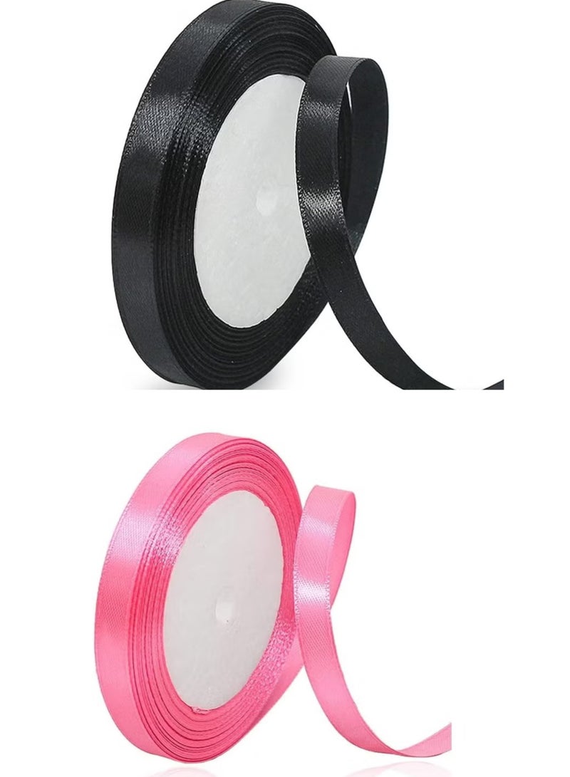 2PCS Ribbon, 12mm x 25 yards polyester fabric ribbon for gift wrapping, party favors, wedding decorations, bow making, bouquets, sewing projects and crafts (Black, Pink) - Image 1