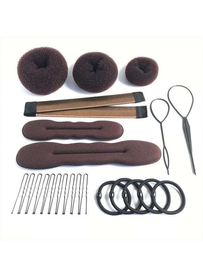 iFlyMars 3 Pieces Hair Donut Bun Makers, 2 Pieces Foam Sponge Bun Shapers, 1 Pieces Magic French Twist Hairstyle Clip,2 Snap Bun Makers,10 pieces Hair Elastic Bands, 20 pieces Hair Pins (Brown) - Image 1