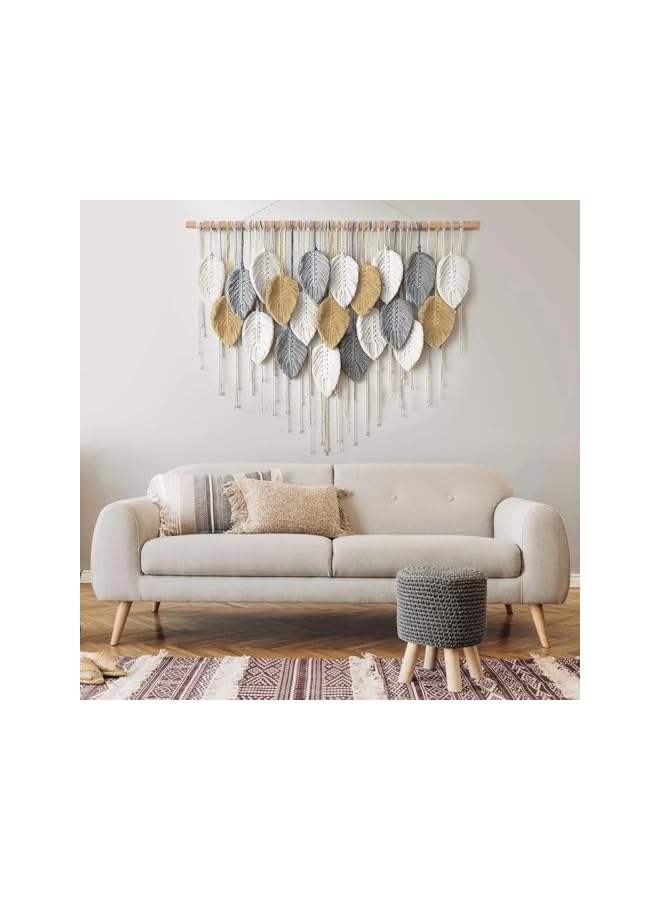 The Bros Wall Hanging, Boho Handmade Woven Macrame Tapestry, Chic Leaves Wall Art Decoration, Handmade Gift for Bedroom Living room Nursery Apartment 100 x 80 cm (A) - Image 5