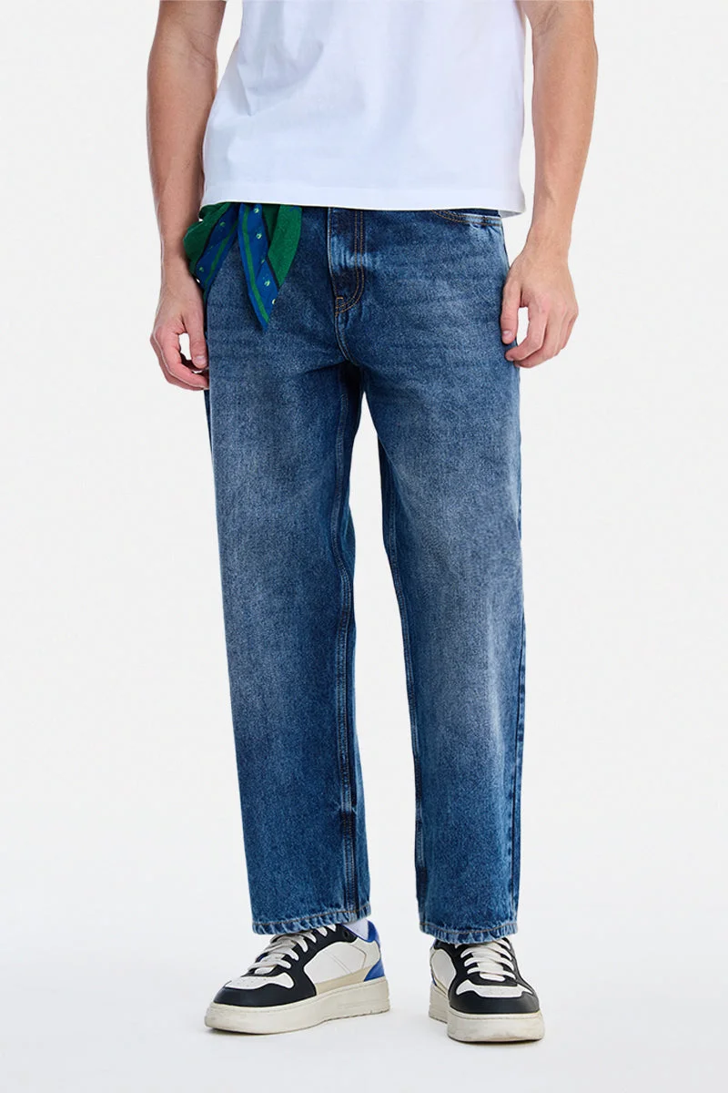 سنيتش Blue Solid Loose Fit Streetwear Jeans