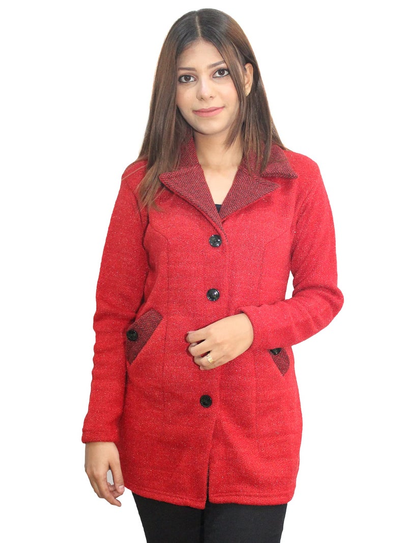 Matelco Womens Woollen Collared Coat Cardigan (IN, Alpha, L, RED) - Image 1