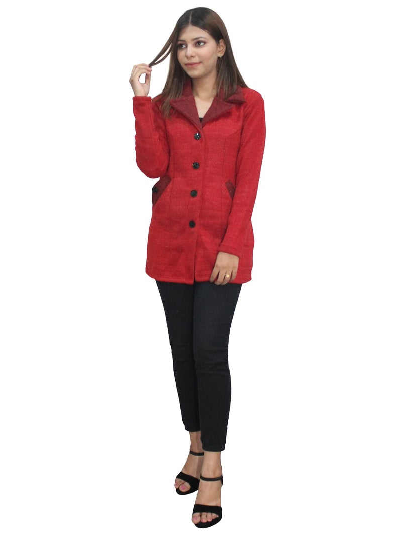 Matelco Womens Woollen Collared Coat Cardigan (IN, Alpha, L, RED) - Image 4