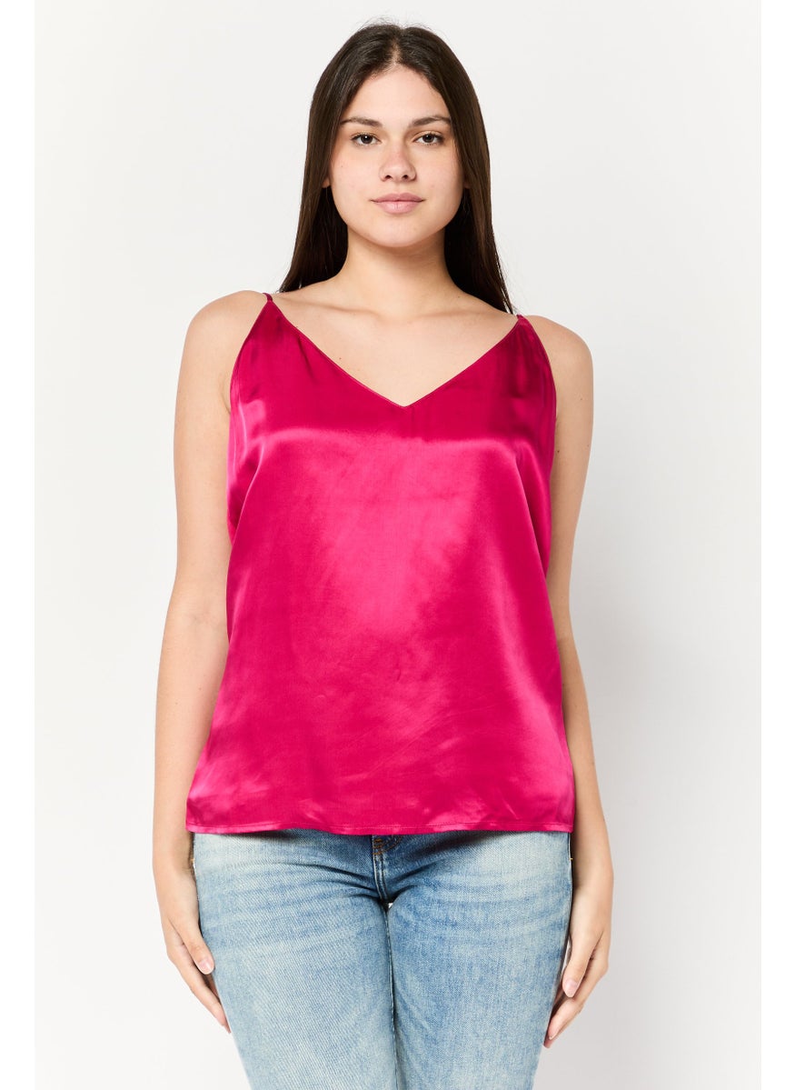 Scotch & Soda Women V-Neck Sleeveless Solid Tank Top, Magenta  - Image 1
