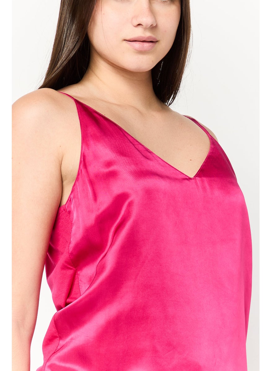 Scotch & Soda Women V-Neck Sleeveless Solid Tank Top, Magenta  - Image 3