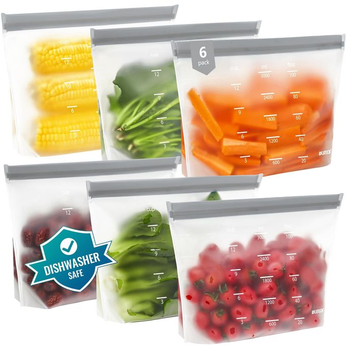 IDEATECH Dishwasher Safe Reusable Storage Bags Stand Up - BPA Free Reusable Sandwich Bags - Leakproof Gallon Freezer Bags, Silicone Food Storage Bags -Grey 6 Gallon Bags - Image 1