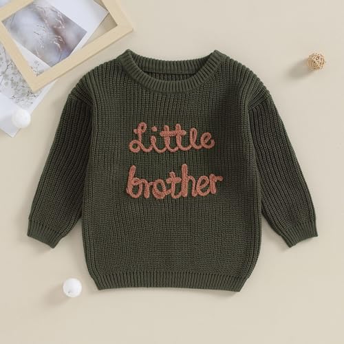 Yoawdats Toddler Baby Girl Boy Long Sleeve Knit Sweater Brothers Sisters Letter Embroidery Round Neck Pullover Fall Winter Tops (Little Brother Army Green, 6-9 Months) - Image 2