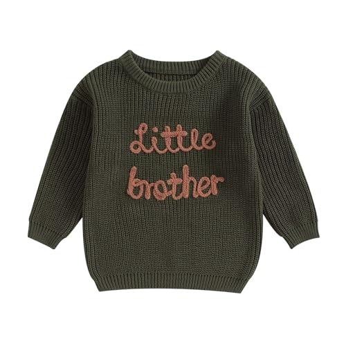 Yoawdats Toddler Baby Girl Boy Long Sleeve Knit Sweater Brothers Sisters Letter Embroidery Round Neck Pullover Fall Winter Tops (Little Brother Army Green, 6-9 Months) - Image 1