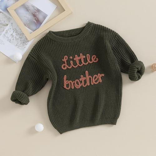 Yoawdats Toddler Baby Girl Boy Long Sleeve Knit Sweater Brothers Sisters Letter Embroidery Round Neck Pullover Fall Winter Tops (Little Brother Army Green, 6-9 Months) - Image 3