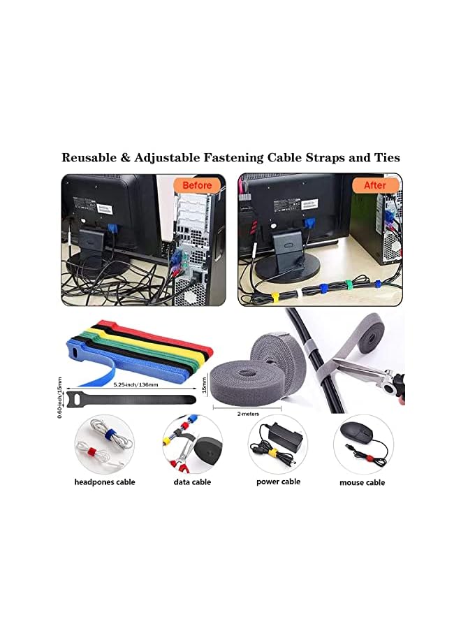 PYLCO SMART Pcs Cord Management Organizer Kit 2 long Cable Sleeve include 24Self Adhesive Cable Clips Holder, 36pcs + 2 Roll Self Adhesive Strap tie and 120 Fastening Wire Ties for TV Home Office Desk Cables - Image 4