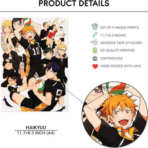 Thepaper9store Paper9store Pack of 9 - Anime Posters self-Adhesive Anime Wall Poster for Room, Size A4 Self-Adhesive 300 GSM Thick matt Poster (Haikyuu) - Image 4
