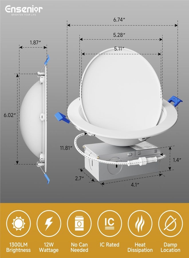 Ensenior 4 Pack 6 inch LED Eyeball Recessed Lighting, 360°+90° Rotatable and 2700K-5000K Selectable, Dimmable Gimbal Recessed Lights, Canless Angled Adjustable Ceiling Downlight, 1300LM, 13W=115W-FCC - Image 5