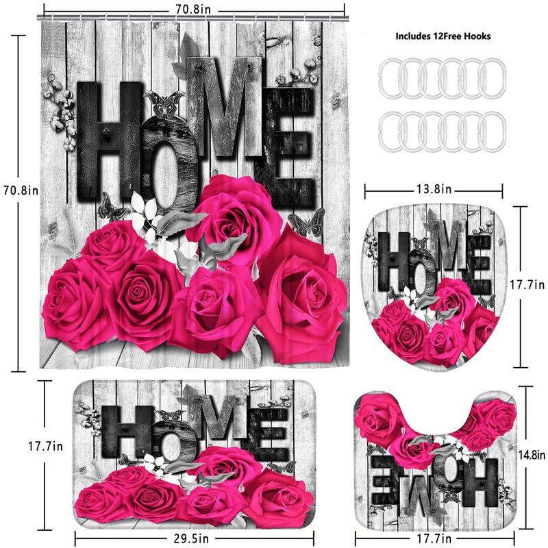 Yddsky Pink Rose 4 Pcs Shower Curtain Sets Non-Slip Rugs Bath Mat Toilet Cover U Shaped Mat Black Pink Shower Curtain With 12 Hooks Pink Rose Valentine'S Day Bathroom Set - Image 3
