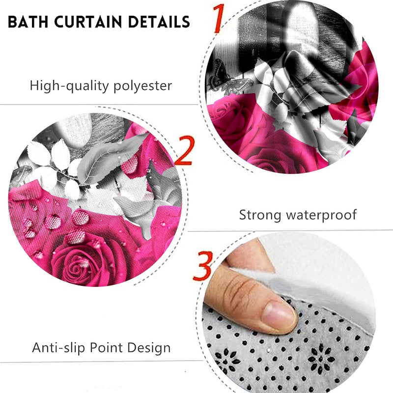 Yddsky Pink Rose 4 Pcs Shower Curtain Sets Non-Slip Rugs Bath Mat Toilet Cover U Shaped Mat Black Pink Shower Curtain With 12 Hooks Pink Rose Valentine'S Day Bathroom Set - Image 4
