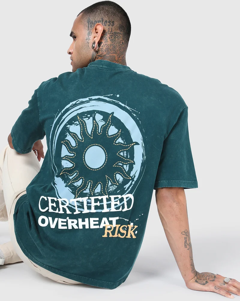 بيواكوف Men's Dark Sea Green Over Heat Risk Graphic Printed Oversized Acid Wash T-shirt