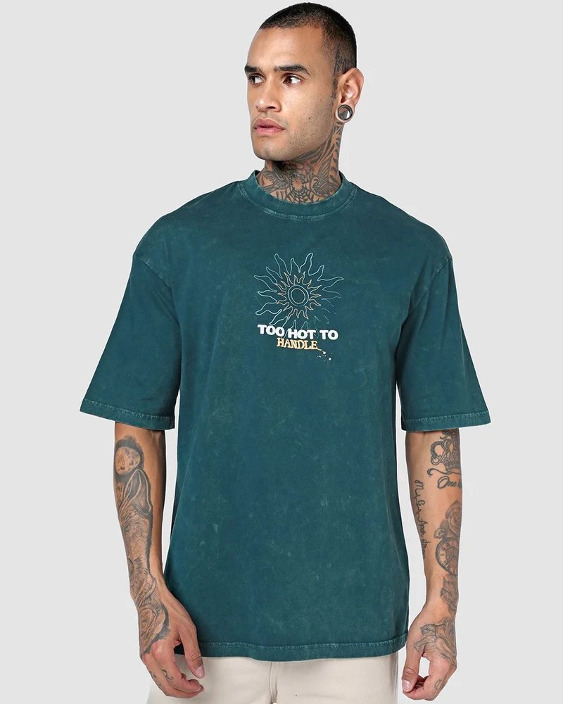 بيواكوف Men's Dark Sea Green Over Heat Risk Graphic Printed Oversized Acid Wash T-shirt