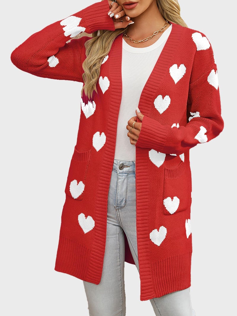 HOULENGS Women's Cute Heart Long Cardigan Sweaters V Neck Ribbed Knit Open Front Sweater Coats with Pockets Red Small - Image 4