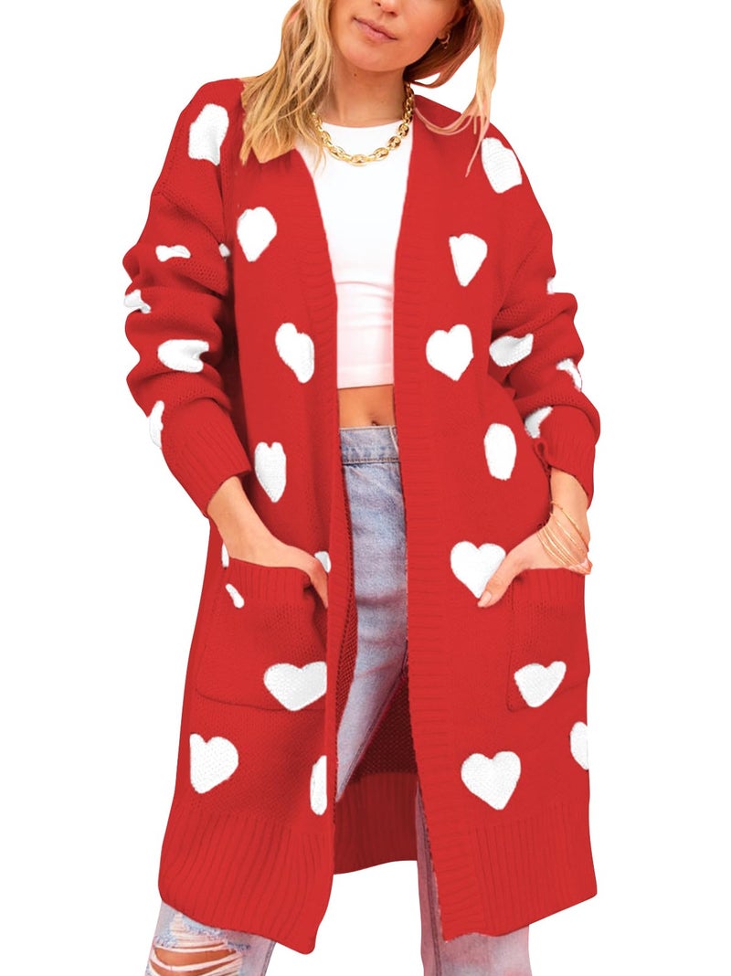 HOULENGS Women's Cute Heart Long Cardigan Sweaters V Neck Ribbed Knit Open Front Sweater Coats with Pockets Red Small - Image 1
