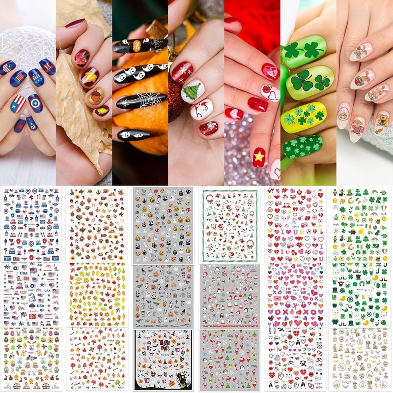 Whaline 18 Sheets All Holiday Nail Art Stickers Valentine's Day Nail Decals All Season Fall Christmas Winter Valentine 4th of July Self-Adhesive Nail Decals for Xmas DIY Manicure Party Decor