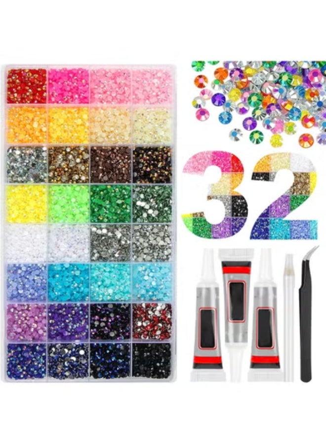 اترجسز الراتنج جيلي راينستونز كيت ل Bedazzling ، 32000 قطعة 3mm Flatback Gems Kit ، 32 ألوان DIY حجر الراتنج السائبة مجموعة مع 3pcs 10ml الغراء لصناعة الأظافر الفن الملابس الأحذية أظافر الزينة - Image 1