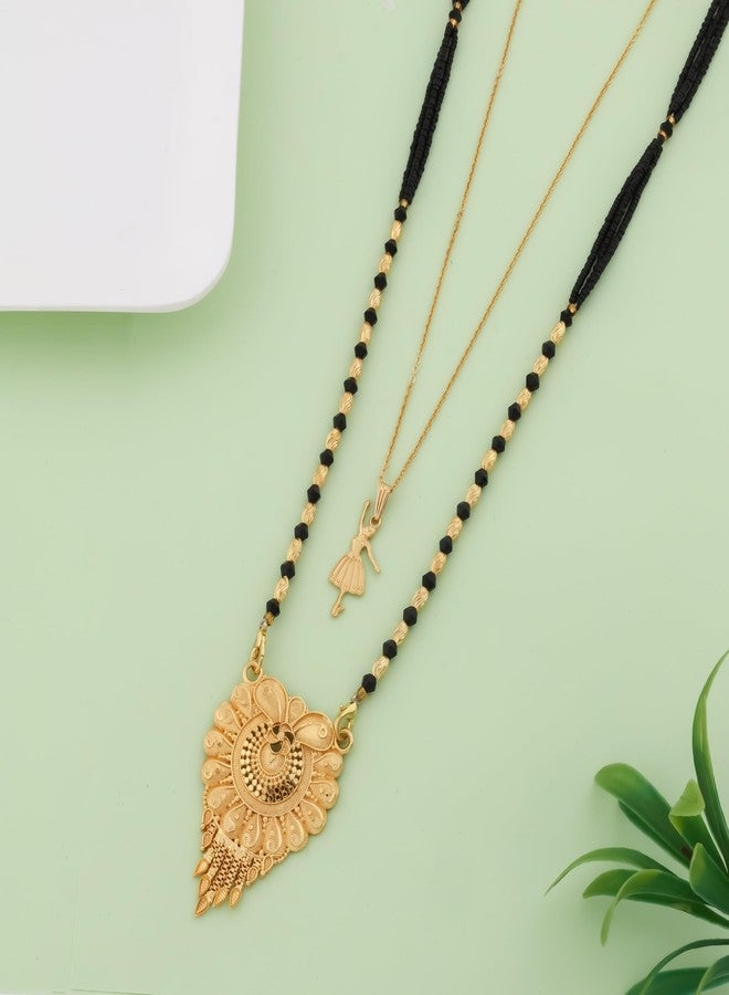 MALKYN Women's Gold Plated Peacock Motif Mangalsutra and Ballerina Pendant Layered Necklace Set, Traditional Indian Black Beaded Jewelry for Wedding and Festive Outfit-MD-116 - Image 2