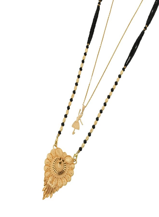 MALKYN Women's Gold Plated Peacock Motif Mangalsutra and Ballerina Pendant Layered Necklace Set, Traditional Indian Black Beaded Jewelry for Wedding and Festive Outfit-MD-116 - Image 1