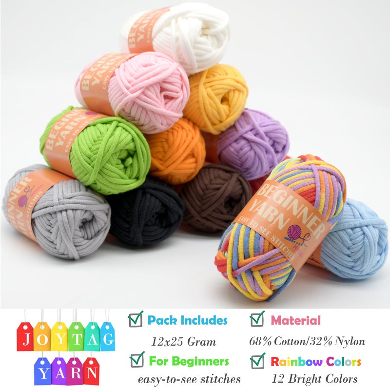 JOYTAG 12 Pack Beginners Crochet Yarn Blue Green Pink Purple Yellow Rainbow Cotton Easy Crochet Yarn for Crocheting Knitting Beginners with Easy-to-See Stitches Mini Beginner Crochet Kit(12x25g) - Image 2
