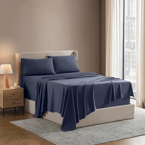 Nestl Nestl Short Queen Sheet Set  1800 UltraSoft Microfiber  Double Brushed  Deep Pockets  Easy Fit  4 Piece Set  Bed Sheets Short Queen Navy Blue 