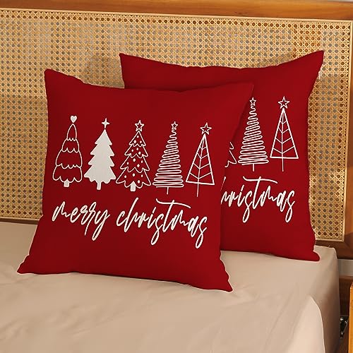 GOLIANDA Christmas Pillow Covers 18x18 Set of 2 Christmas Decor Linen Pillowcase Winter Christmas Decorative Red Throw Pillows Christmas Tree Holiday Decor Outdoor Cushion Covers for Couch Home Decor - Image 2