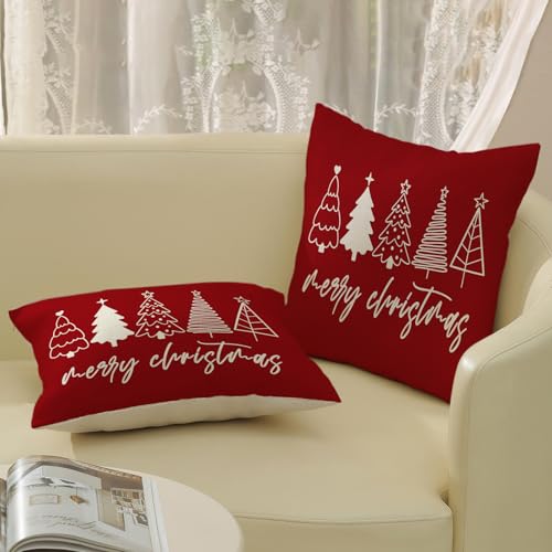 GOLIANDA Christmas Pillow Covers 18x18 Set of 2 Christmas Decor Linen Pillowcase Winter Christmas Decorative Red Throw Pillows Christmas Tree Holiday Decor Outdoor Cushion Covers for Couch Home Decor - Image 4
