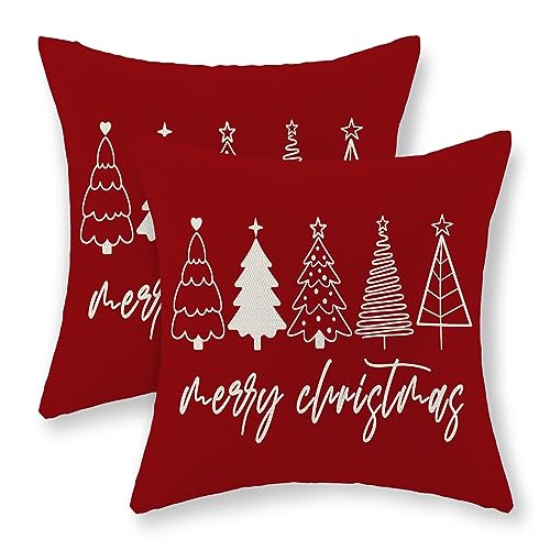 GOLIANDA Christmas Pillow Covers 18x18 Set of 2 Christmas Decor Linen Pillowcase Winter Christmas Decorative Red Throw Pillows Christmas Tree Holiday Decor Outdoor Cushion Covers for Couch Home Decor - Image 1