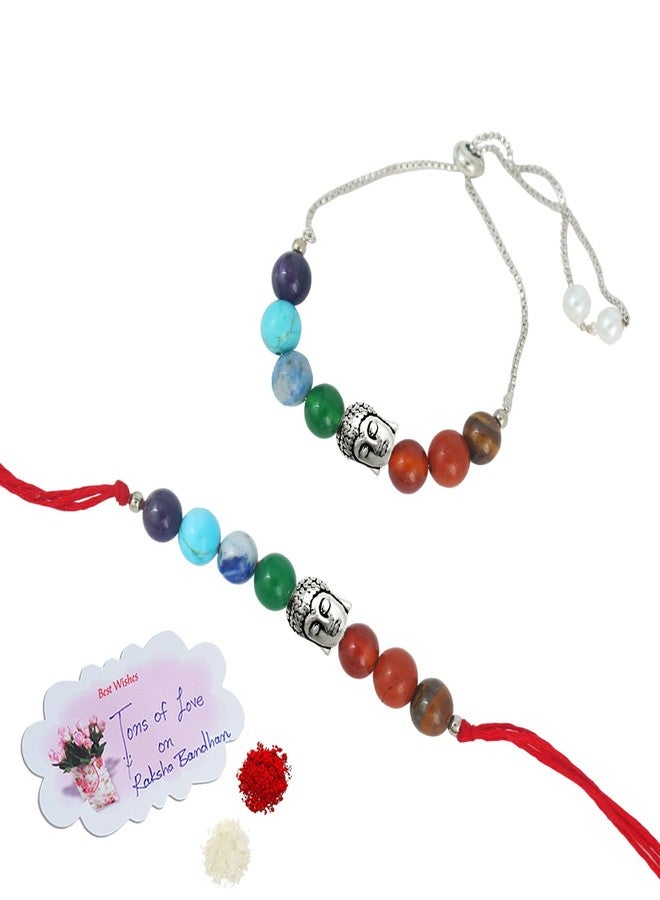 JFL - Jewellery for Less Seven Chakra Rakhi Band/Energetic Healing Stone Rakhi with Buddha Charm For Brother | Natural & Certified | Astrological Gemstone | Positivity Prosperity | A Perfect Raksha Bandhan Gift - Image 1