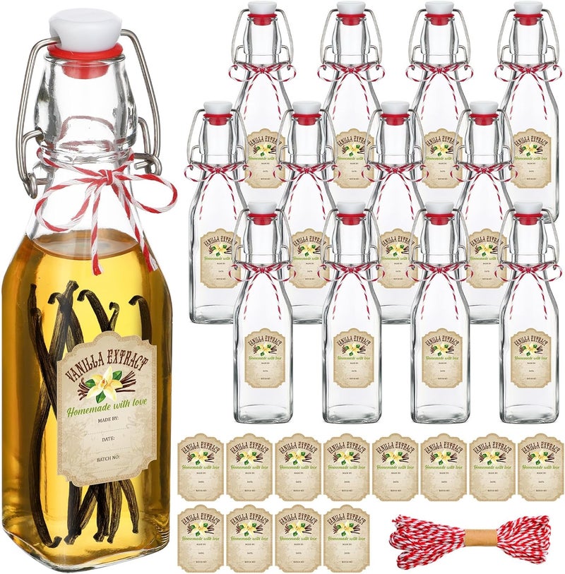 Uiifan 12 Pcs 8 oz Swing Top Clear Square Glass Bottles for Vanilla Extract with Caps and Cotton Twines Label Flip Top Glass Beer Bottle for Home Vanilla Brew Oil Vinaigrettes Beer Tea Supply - Image 1