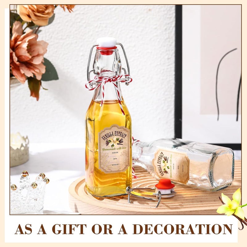 Uiifan 12 Pcs 8 oz Swing Top Clear Square Glass Bottles for Vanilla Extract with Caps and Cotton Twines Label Flip Top Glass Beer Bottle for Home Vanilla Brew Oil Vinaigrettes Beer Tea Supply - Image 3