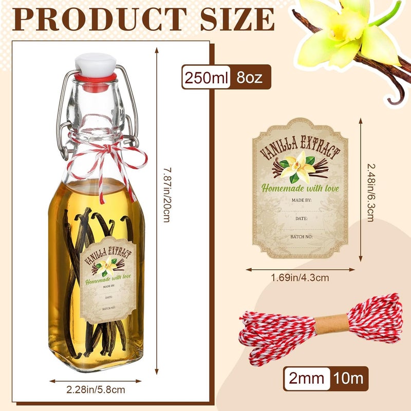 Uiifan 12 Pcs 8 oz Swing Top Clear Square Glass Bottles for Vanilla Extract with Caps and Cotton Twines Label Flip Top Glass Beer Bottle for Home Vanilla Brew Oil Vinaigrettes Beer Tea Supply - Image 2