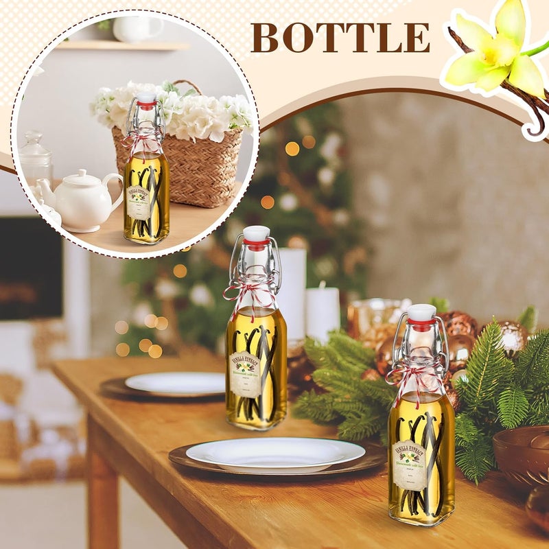 Uiifan 12 Pcs 8 oz Swing Top Clear Square Glass Bottles for Vanilla Extract with Caps and Cotton Twines Label Flip Top Glass Beer Bottle for Home Vanilla Brew Oil Vinaigrettes Beer Tea Supply - Image 5