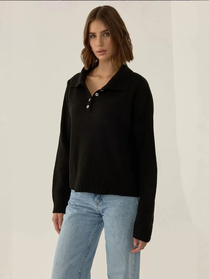 Hiccup Black Button Collar Relaxed Fit Sweater for Women | Best Price UAE