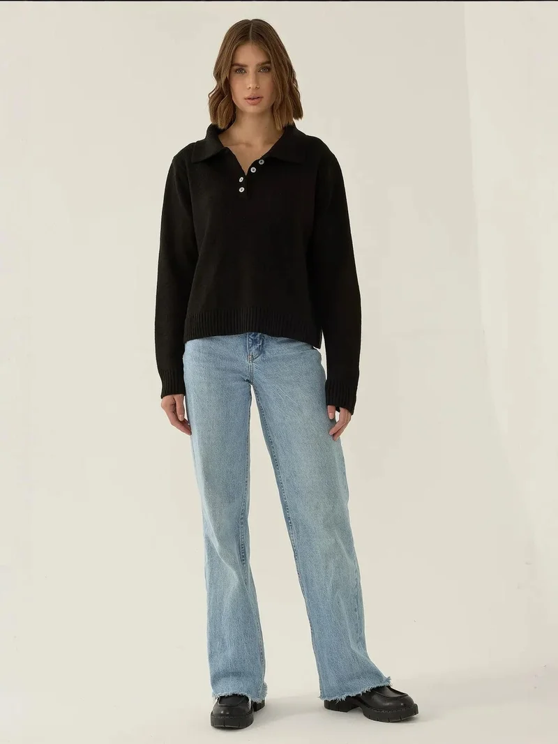 Hiccup Black Button Collar Relaxed Fit Sweater for Women | Best Price UAE