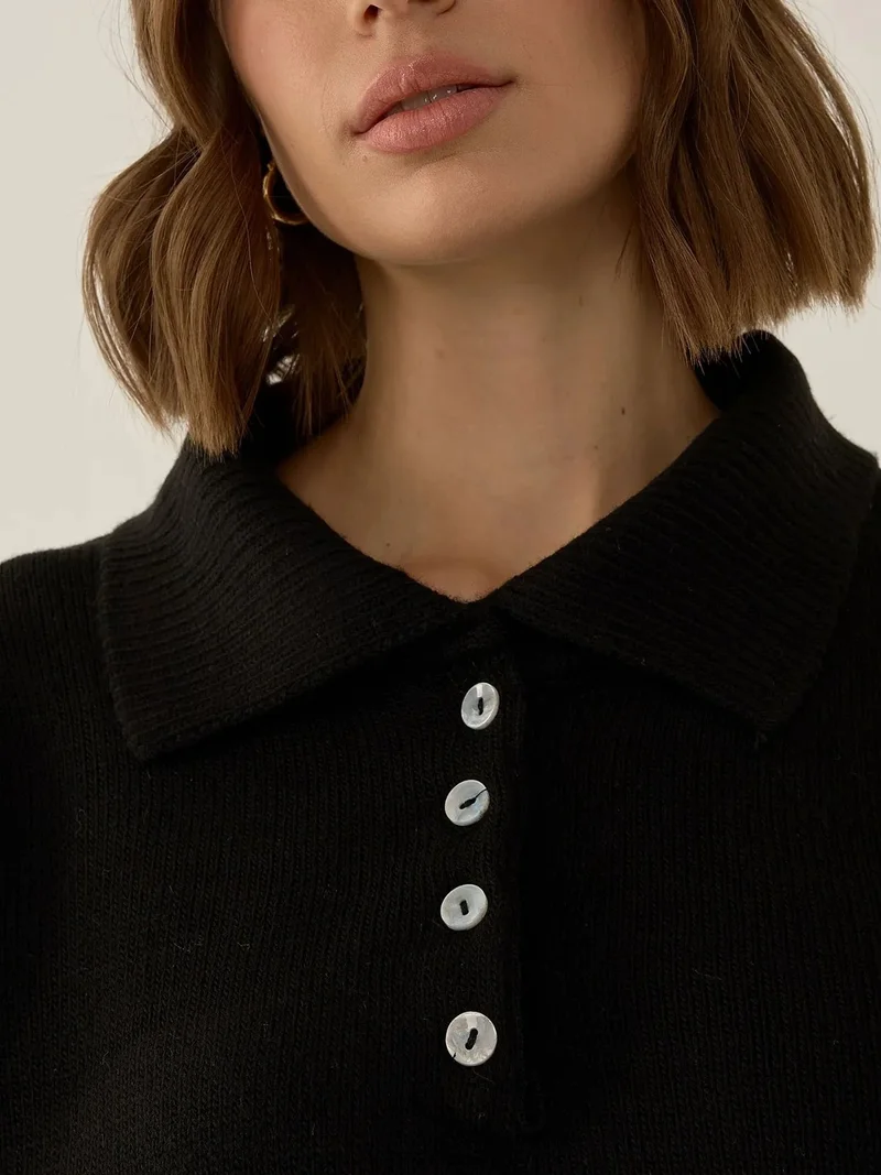 Hiccup Black Button Collar Relaxed Fit Sweater for Women | Best Price UAE