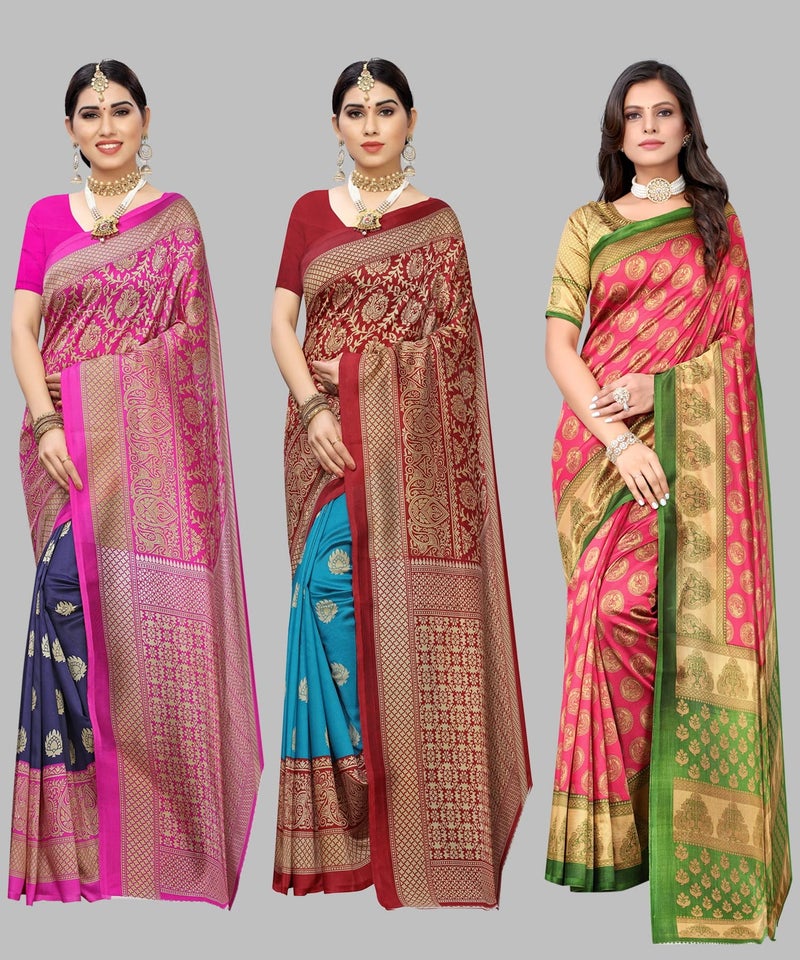 Yashika Women's Combo Art Silk Saree with Blouse Piece-Pack of 3 Navy-Metro RAMA-ALIFA Pink Multicolor-10 - Image 2