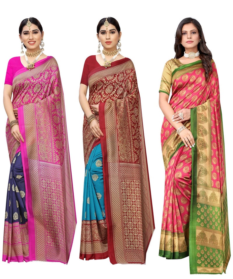 Yashika Women's Combo Art Silk Saree with Blouse Piece-Pack of 3 Navy-Metro RAMA-ALIFA Pink Multicolor-10 - Image 3