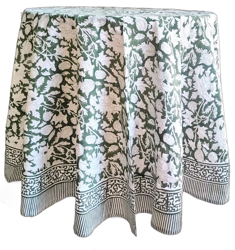 ATOSII Meraki Green 100% Cotton Round Spring Tablecloth  Handblock Print Floral Table Cloth for Kitchen Dining Linen I Parties  Weddings  Outdoors  Christmas  Easter Home Decor 90 "" Inches Round - Image 1