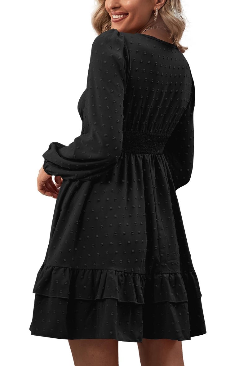 Rooscier Women's Wrap V Neck Swiss Dots Swing Ruffle Long Sleeve Mini Dress Plain Black X-Large - Image 2